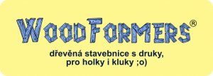 Logo a slogan české hračky: WoodFormers, dřevěný stavebnice s druky, pro holky a kluky